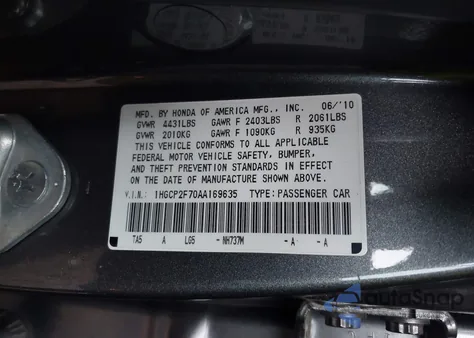 2010 Honda Accord 2.4 Ex from USA, damaged, VIN 1HGCP2F70AA169635